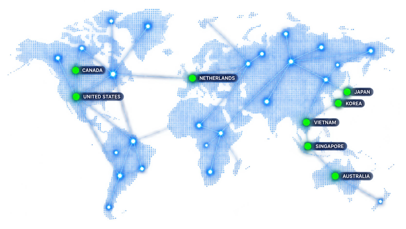 World map illustrating Asia ODC's international client presence in Canada, the United States, the Netherlands, Japan, Korea, Vietnam, Singapore, and Australia